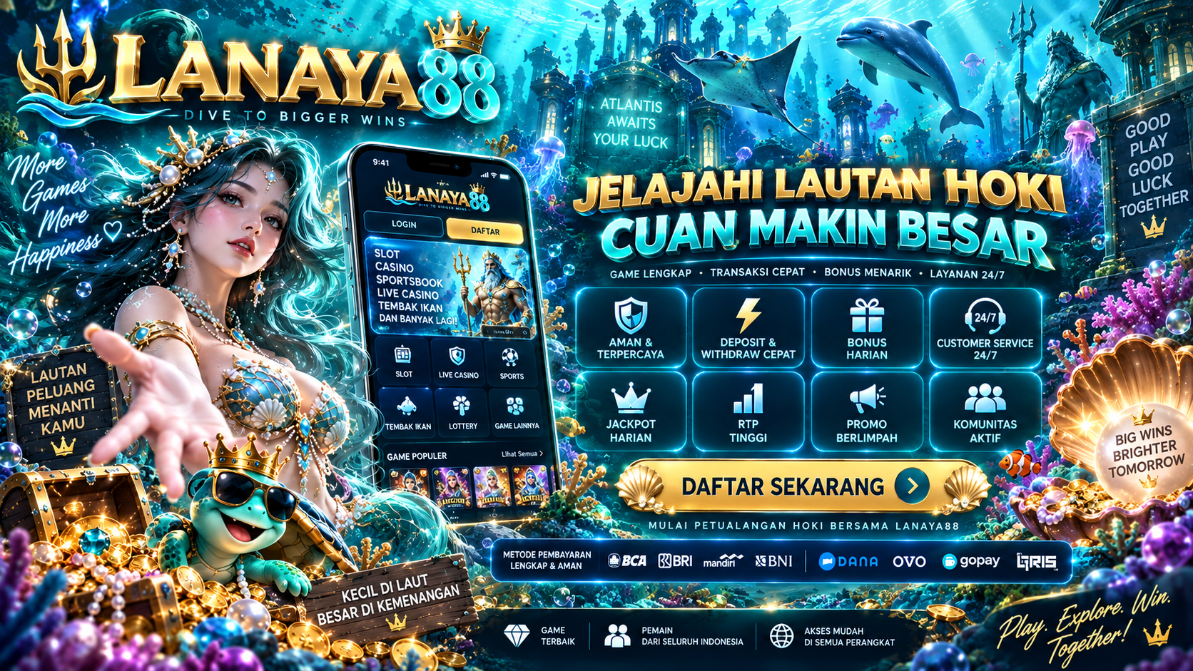 Banner LANAYA88 — ilustrasi layanan dan kategori permainan